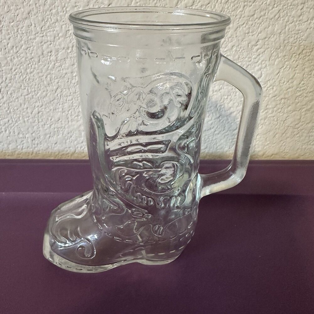 Vintage Embossed Western Cowboy Boot Mug Beer Stein 6" Clear Glass